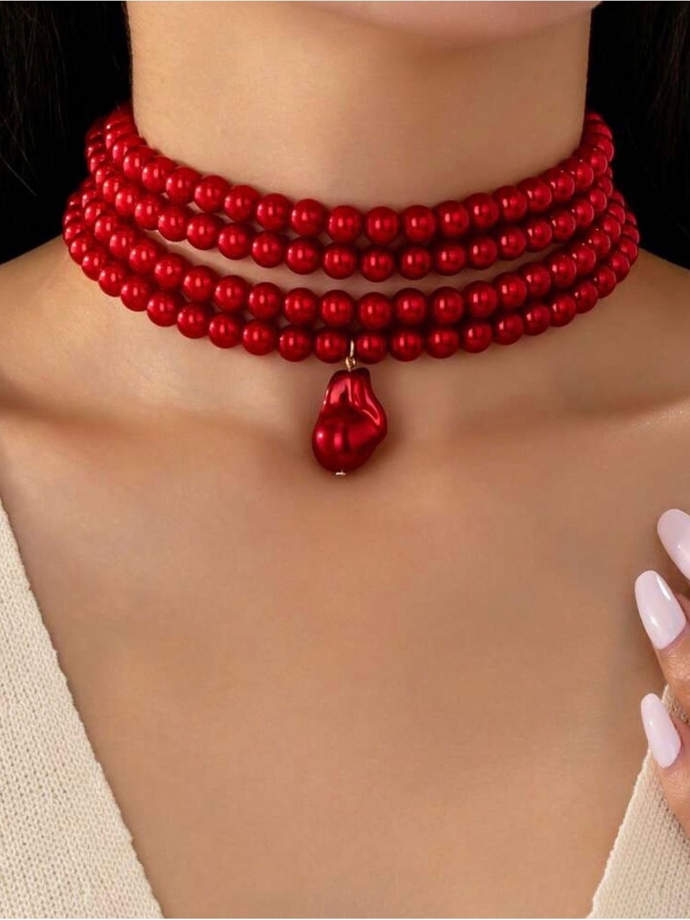Red Multi-Strand Beaded Choker with Droplet Pendant